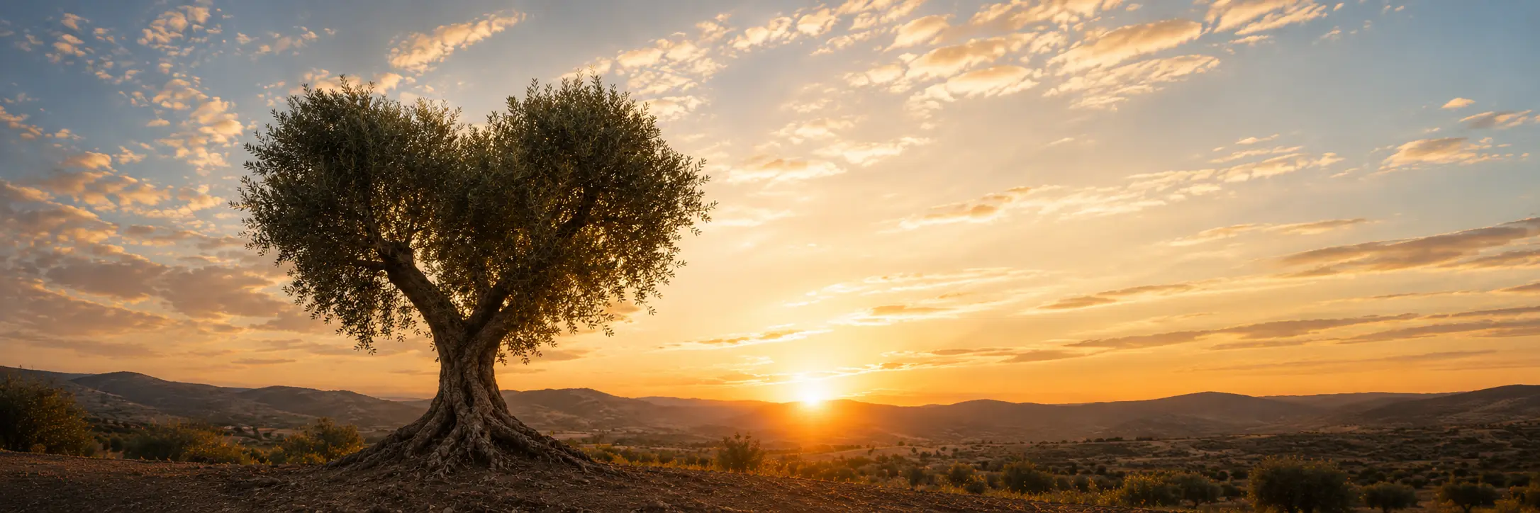 Olive tree at sunset representing growth and resilience at Nadezhda Houses of Hope